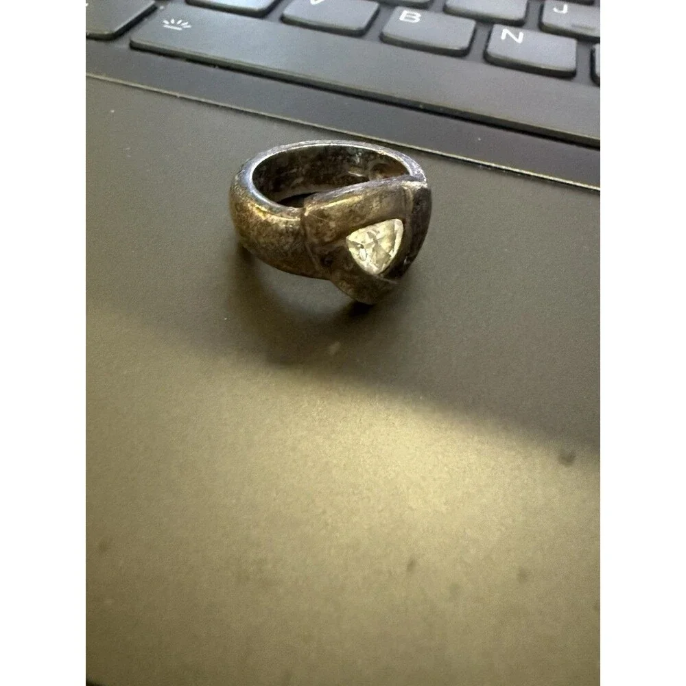 Vintage Brutalist Silver Tone Ring Triangle Clear Stone Modernist Size 5